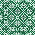 Vector seamless geometrical pattern with white knitted snowflakes on green background. Royalty Free Stock Photo